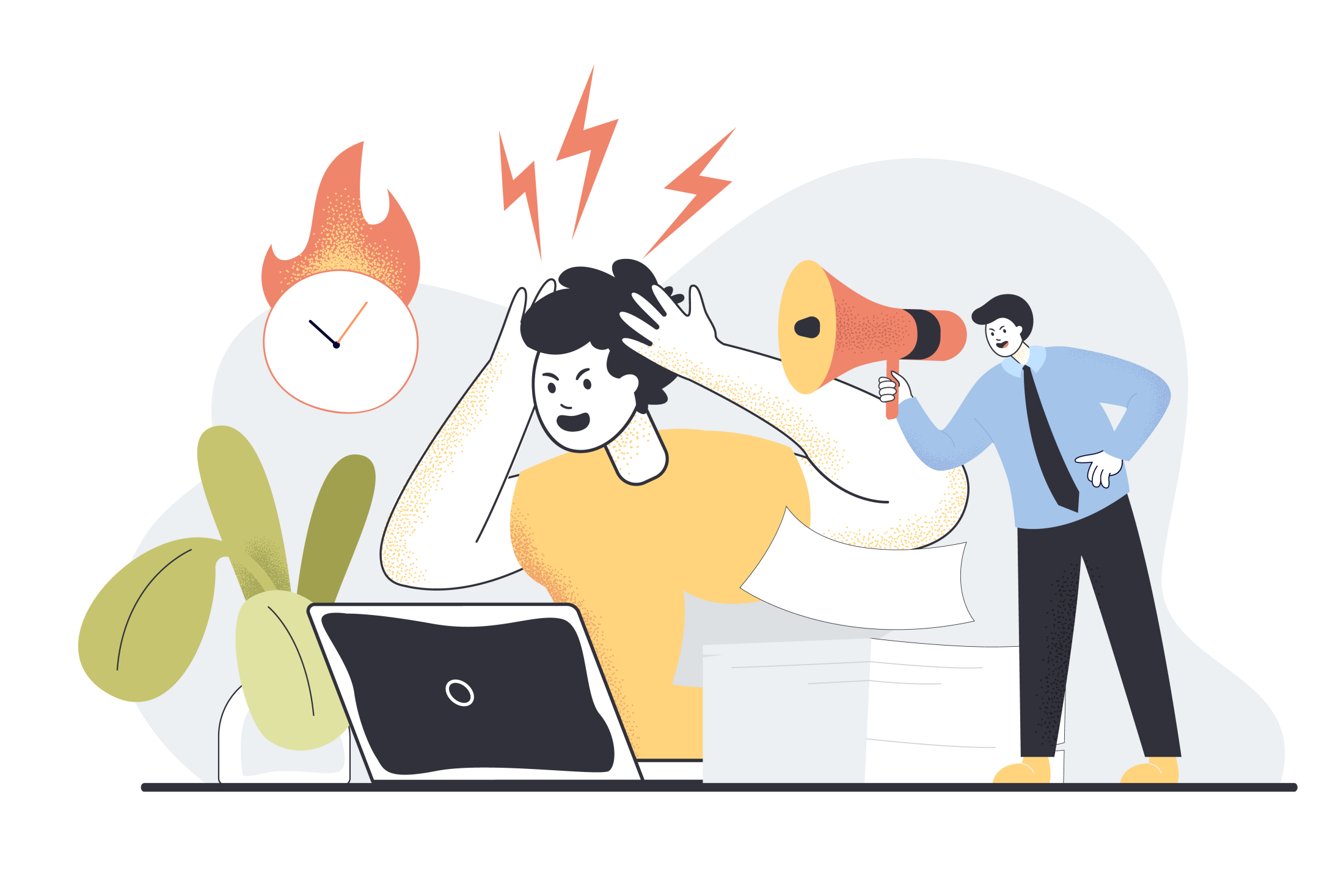 Boss shouting at exhausted employee flat vector illustration.jpg