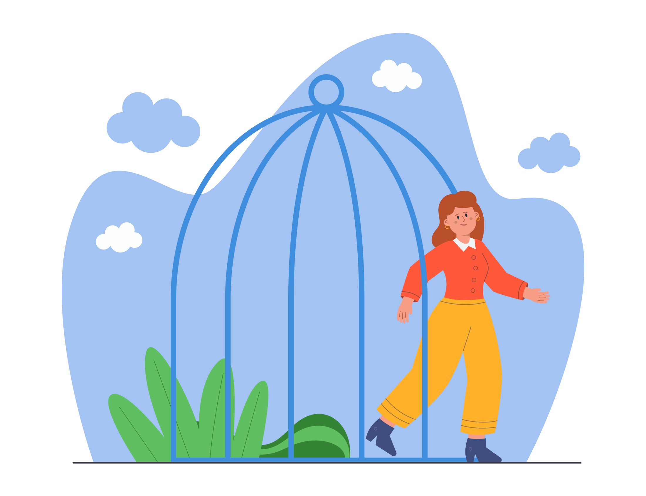 Happy woman escaping to freedom from birdcage.jpg