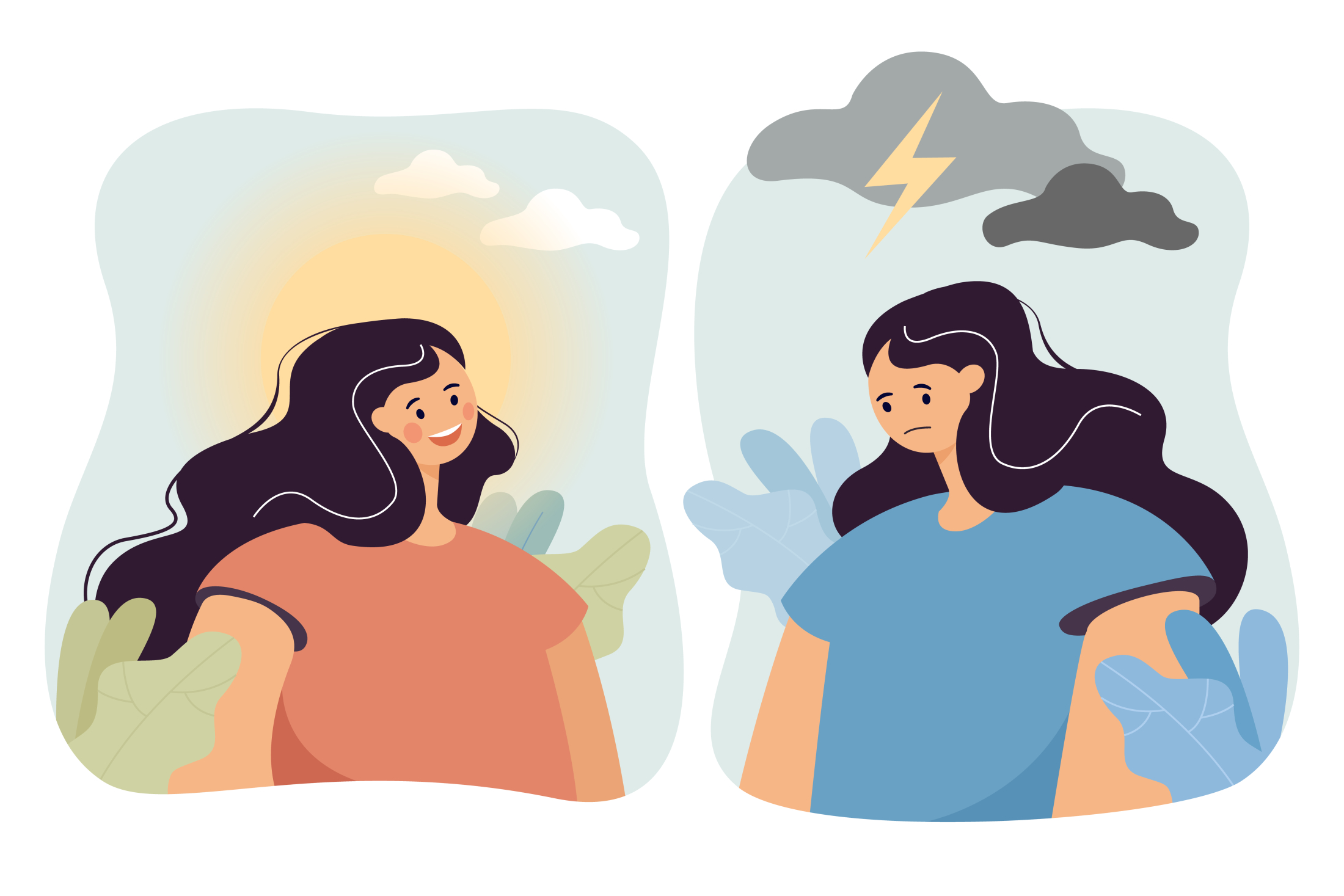 Calm girl with white cloud and sun above head and angry girl.jpg